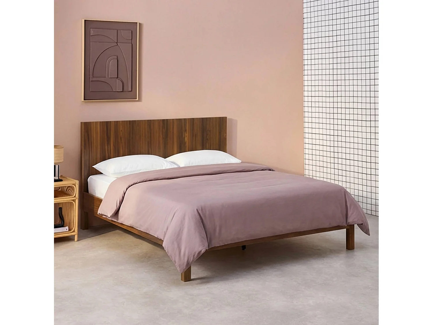 Lit avec sommier à lattes et tête de lit 140x190cm décor bois noyer - Linear