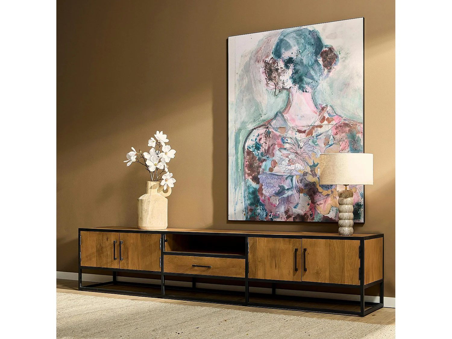 Banc TV 4 portes bois métal noir 240 cm RIVANO