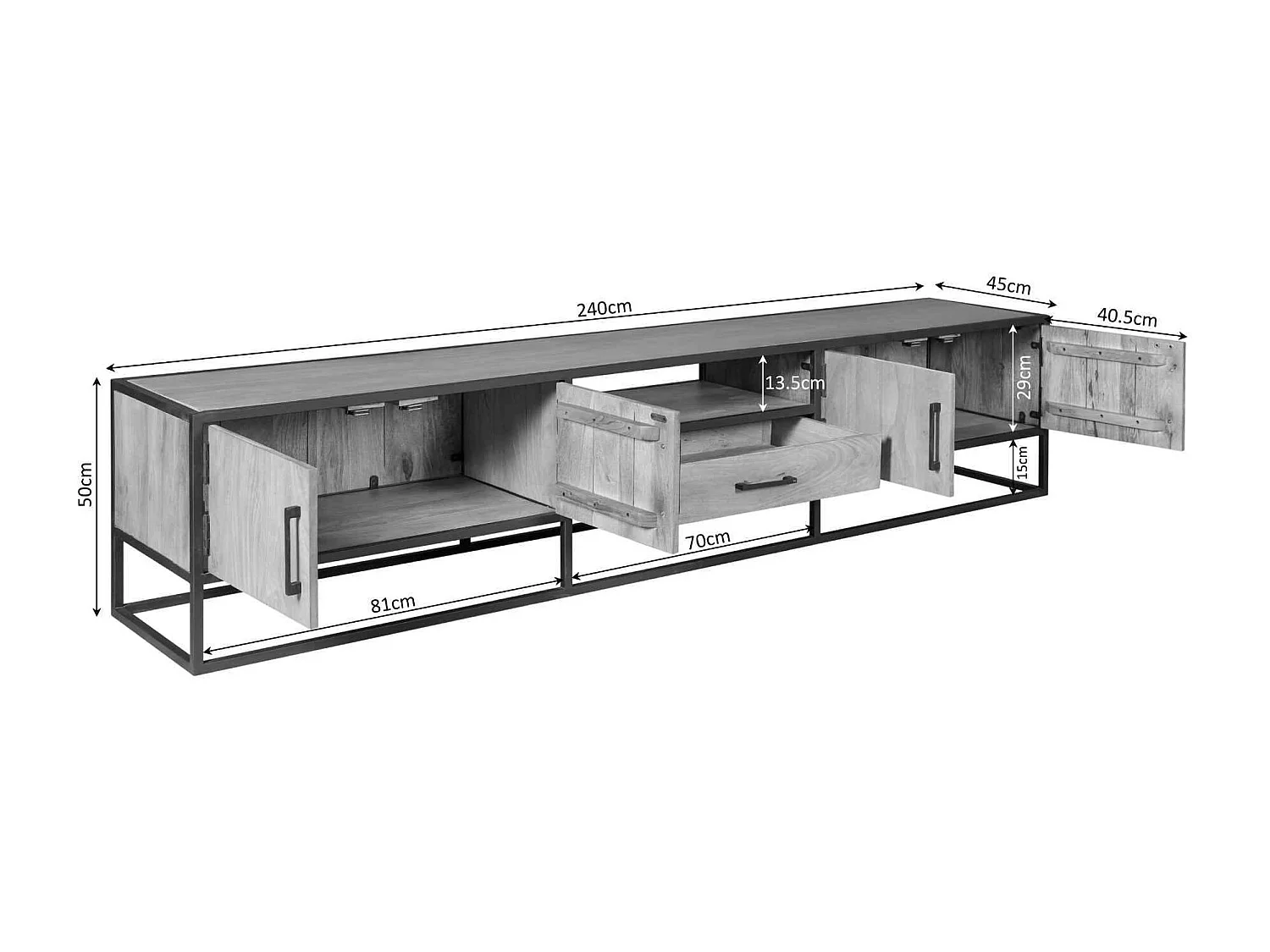 Banc TV 4 portes bois métal noir 240 cm RIVANO