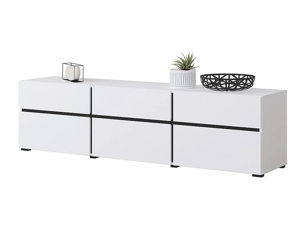 Meuble TV 180cm coloris blanc et noir collection HAVANA. Meuble design avec 3 portes et 3 tiroirs.