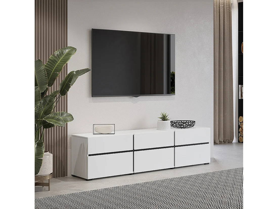 Meuble TV 180cm coloris blanc et noir collection HAVANA. Meuble design avec 3 portes et 3 tiroirs.