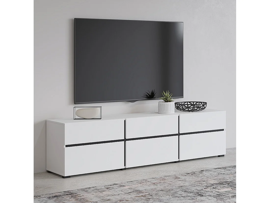 Meuble TV 180cm coloris blanc et noir collection HAVANA. Meuble design avec 3 portes et 3 tiroirs.
