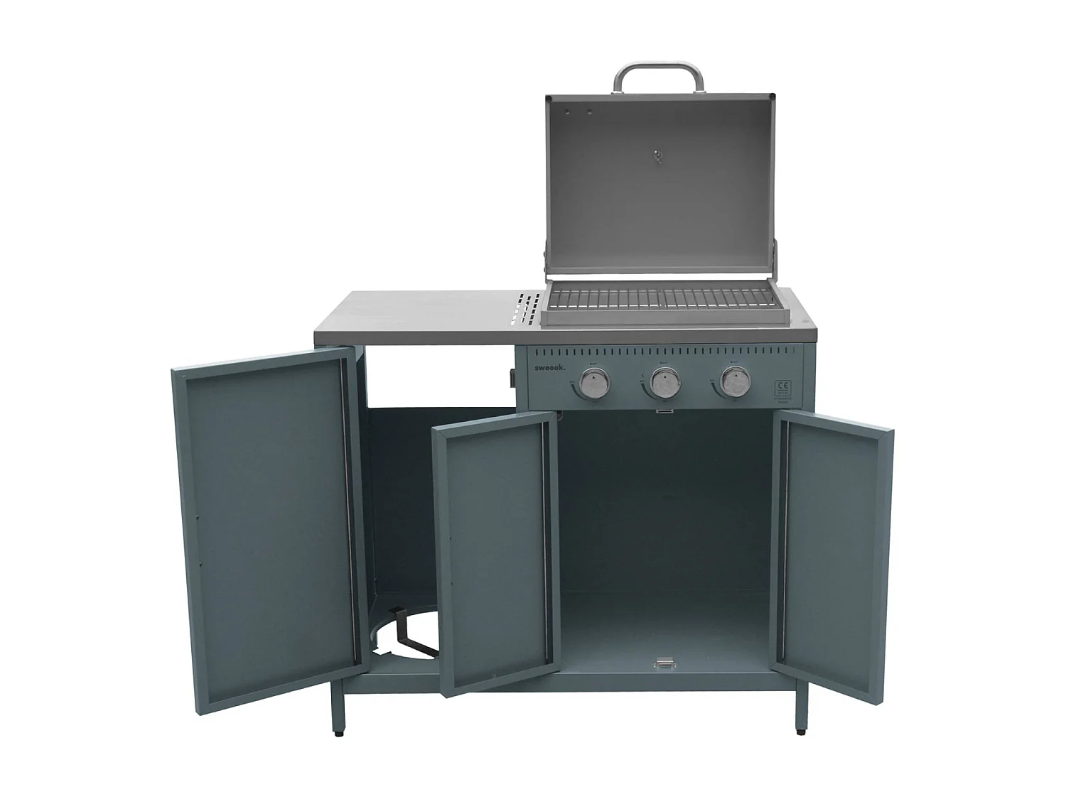 Barbecue a gas 3 bruciatori, 3 ante, 2 spazi di stoccaggio, blu grigio