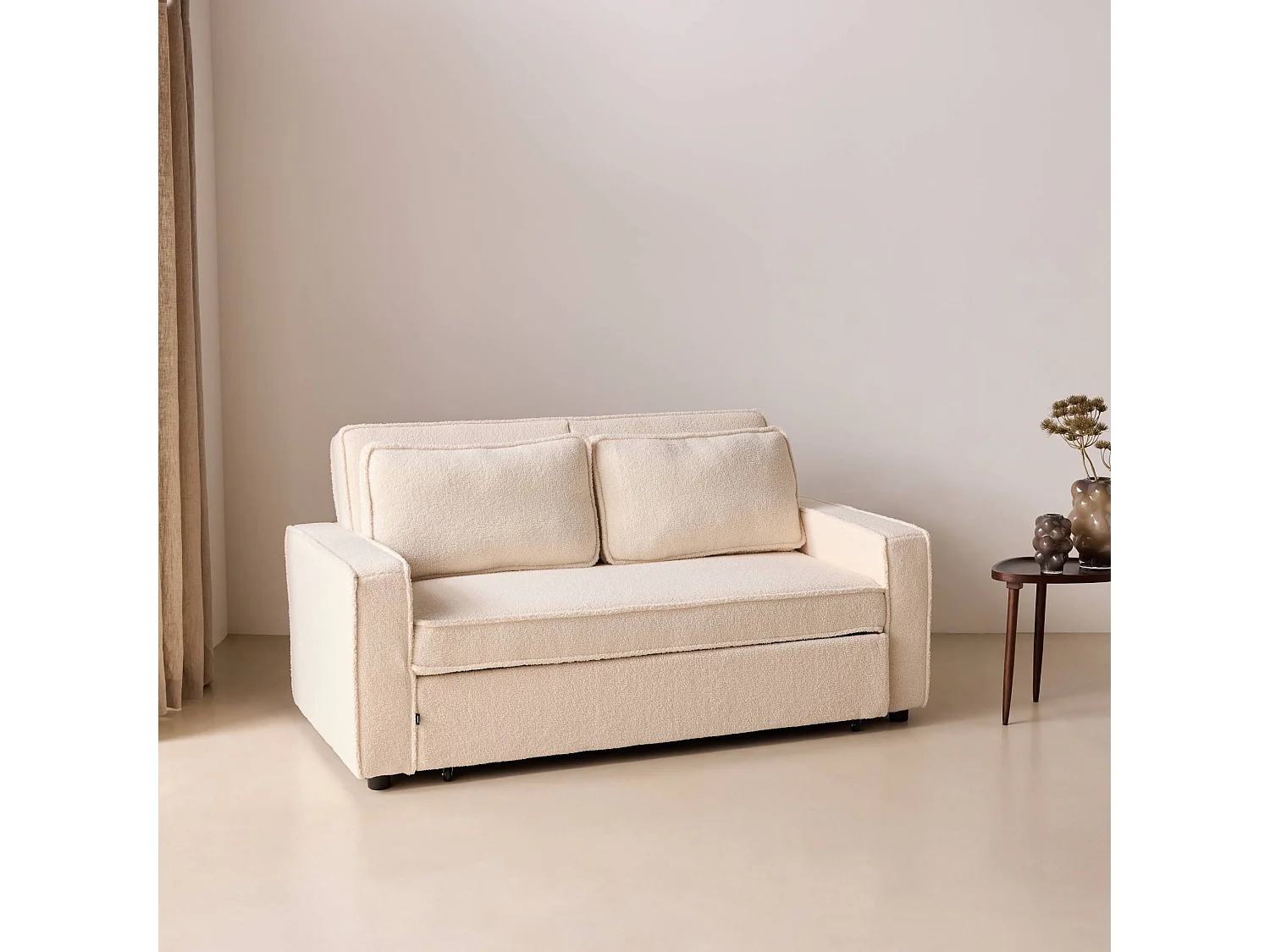 Canapé convertible 3 places en tissu bouclette crème
