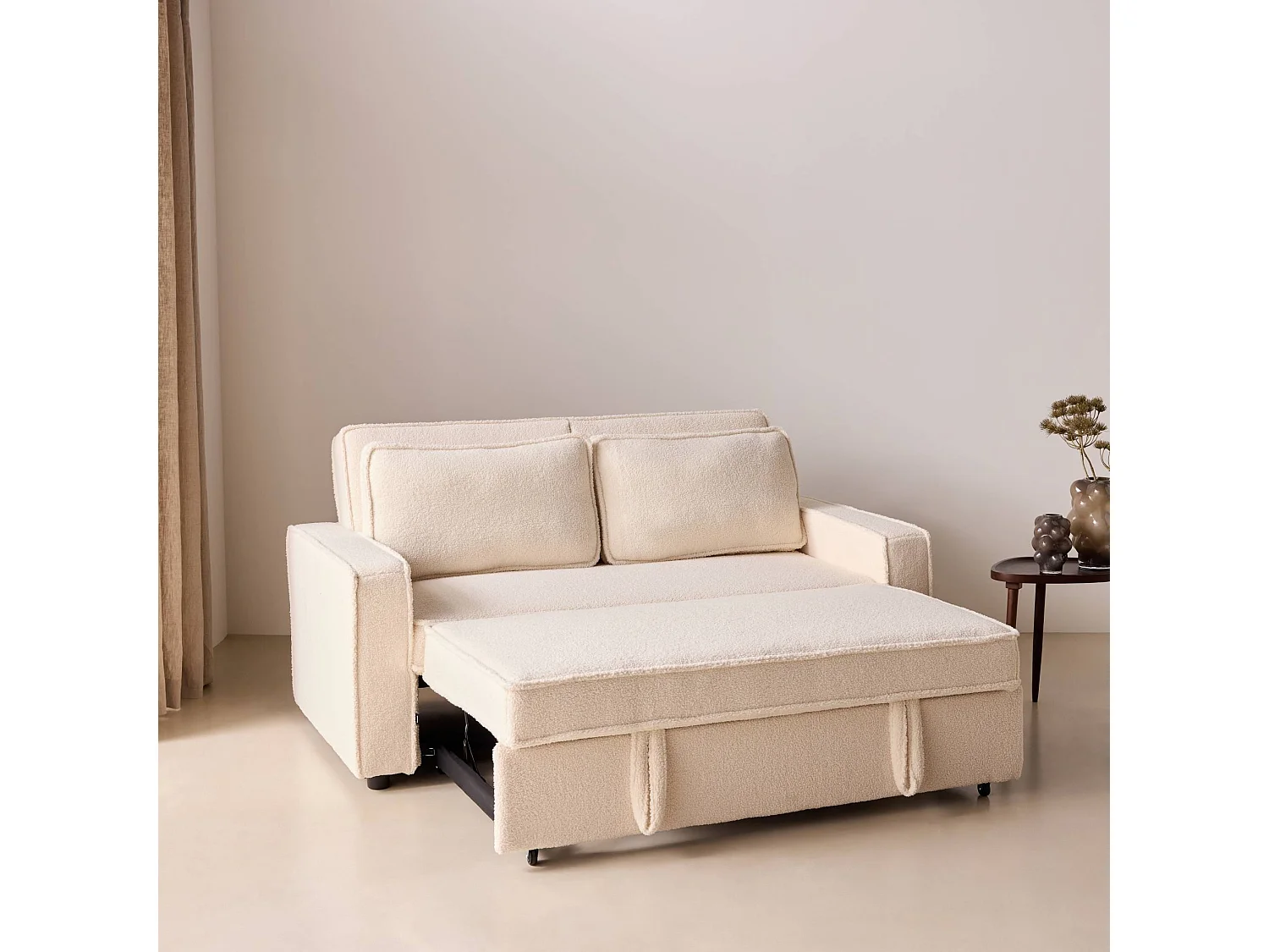 Canapé convertible 3 places en tissu bouclette crème