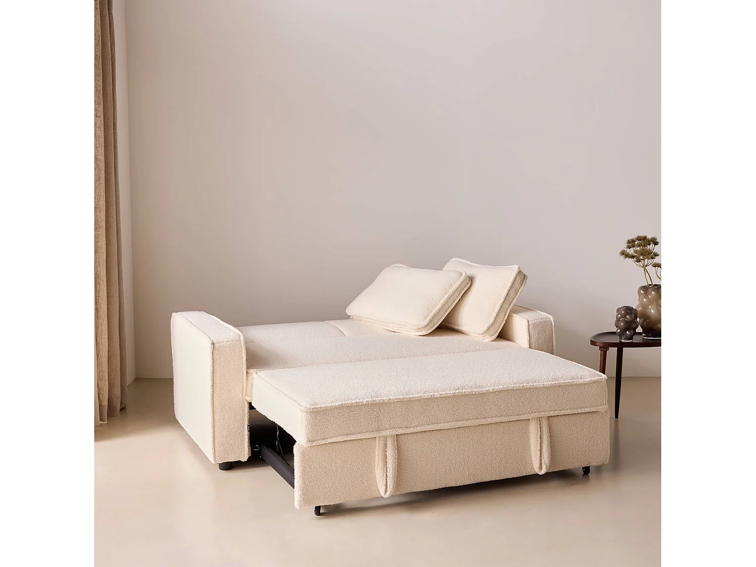 Canapé convertible 3 places en tissu bouclette crème