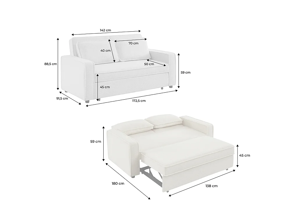 Canapé convertible 3 places avec coussins en tissu bouclette crème