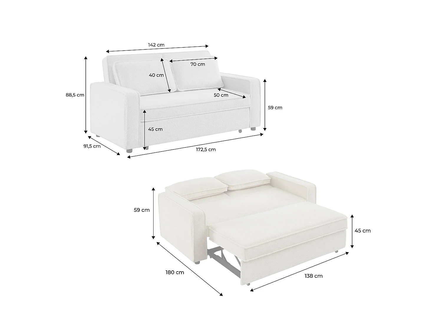 Canapé convertible 3 places avec coussins en tissu bouclette crème