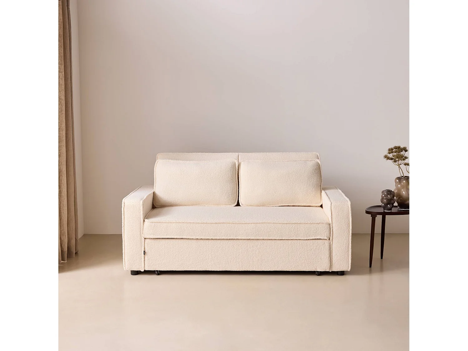 Canapé convertible 3 places avec coussins en tissu bouclette crème