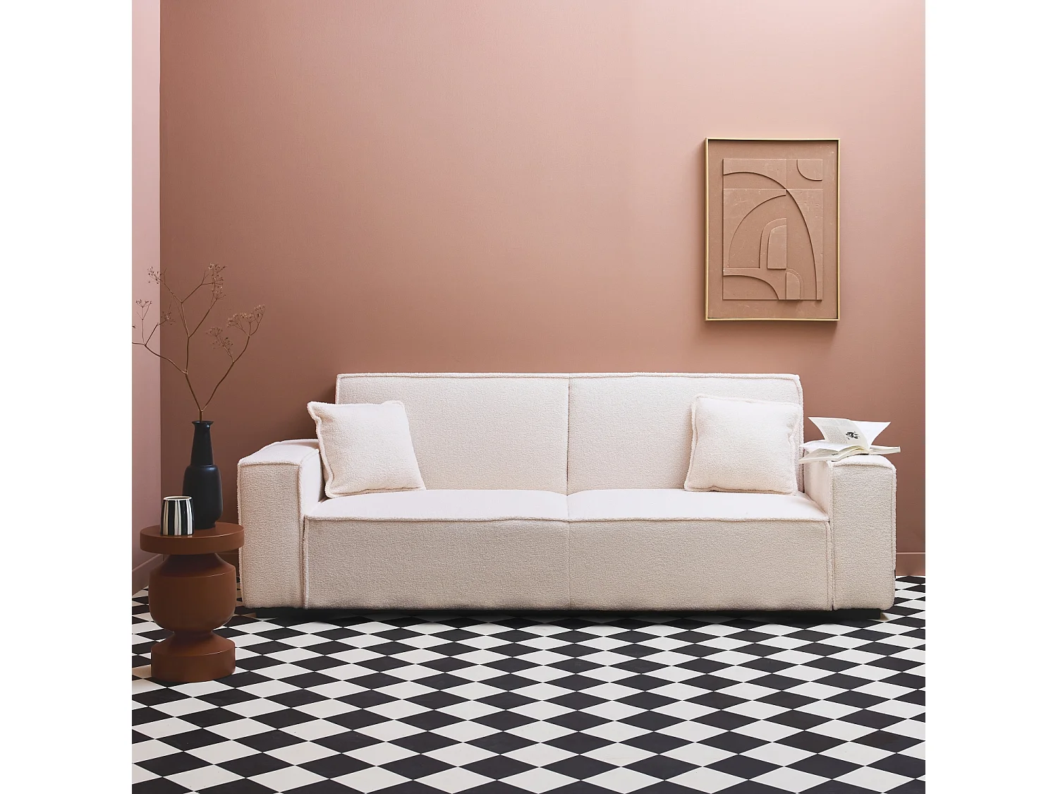 Divano letto in tessuto bouclé, 3 posti, crema