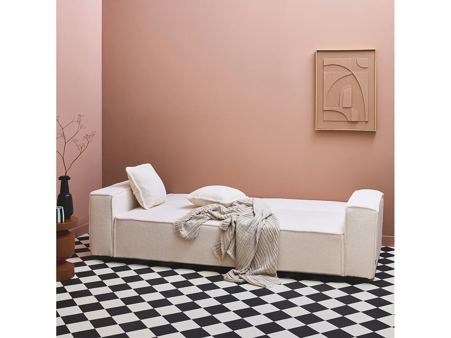 Divano letto in tessuto bouclé, 3 posti, crema