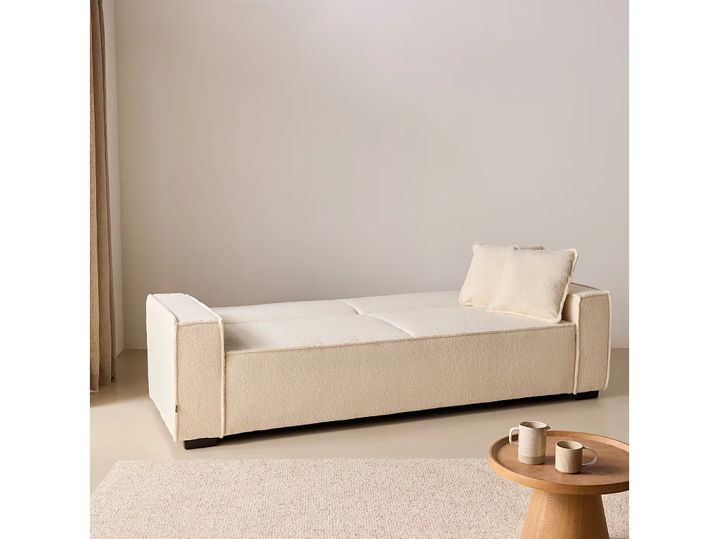 Divano letto in tessuto bouclé, 3 posti, crema