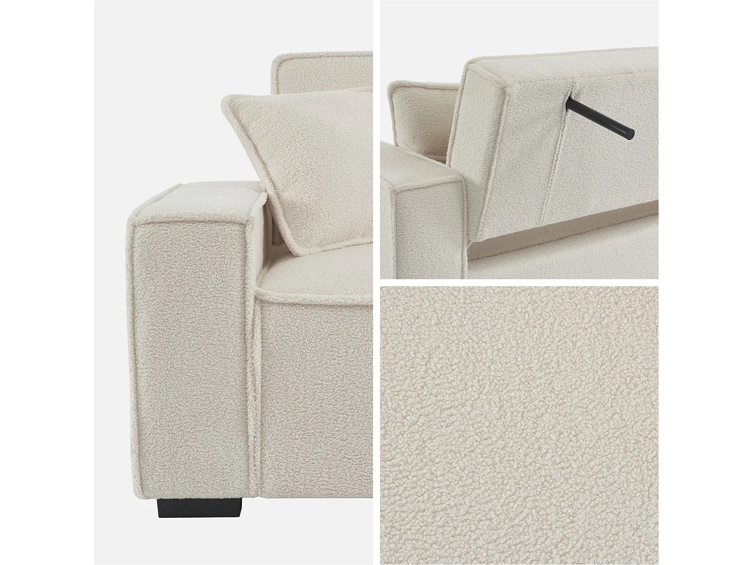 Canapé convertible 3 places en tissu bouclette crème 185x118x45 cm