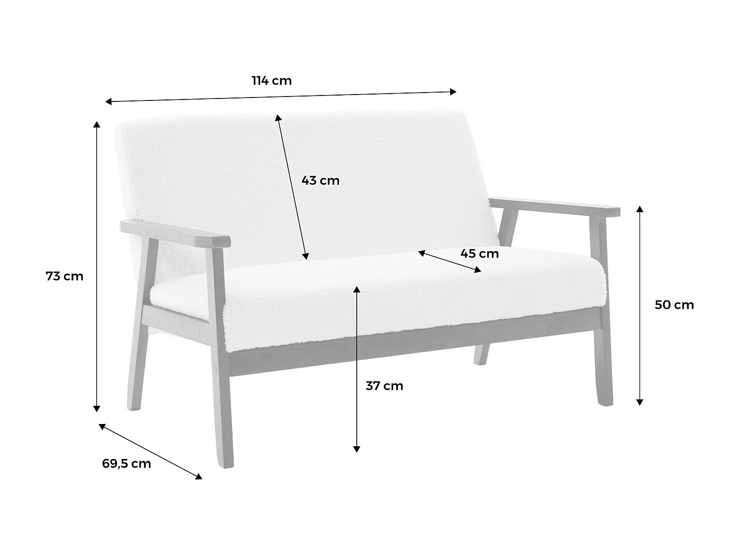 Banquette canapé 2 places en bois teinté noyer clair et tissu bouclette. Isak. L 114 x P 69.5 x H 73cm
