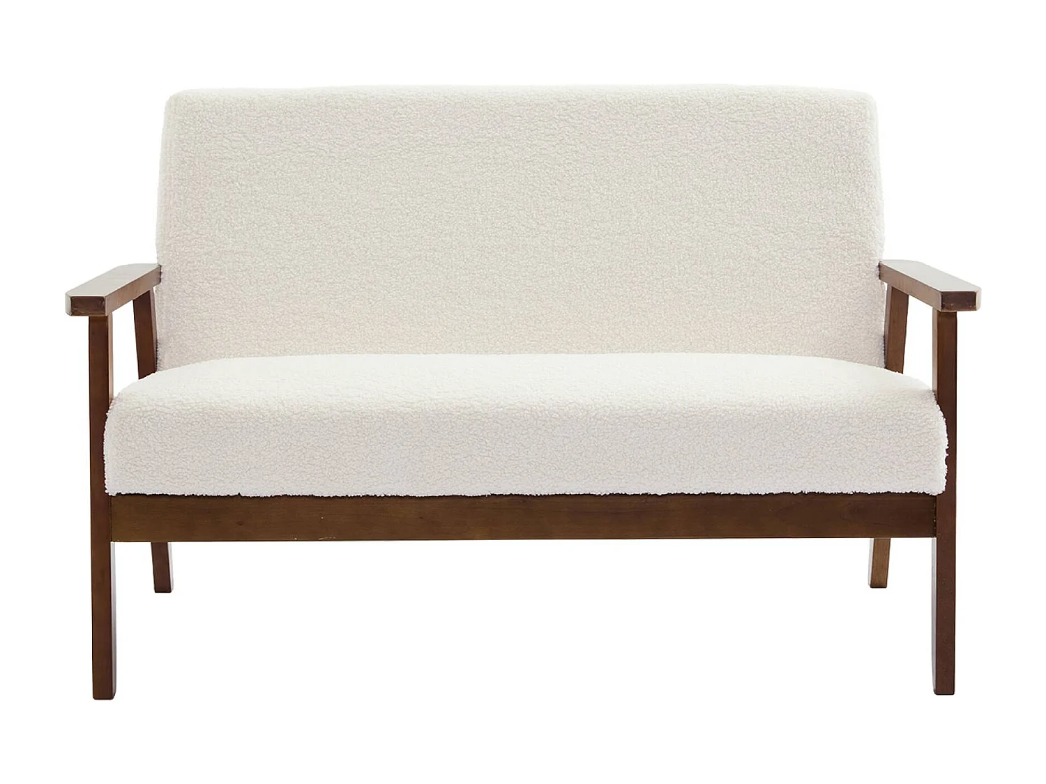 Banquette canapé 2 places en bois teinté noyer clair et tissu bouclette. Isak. L 114 x P 69.5 x H 73cm
