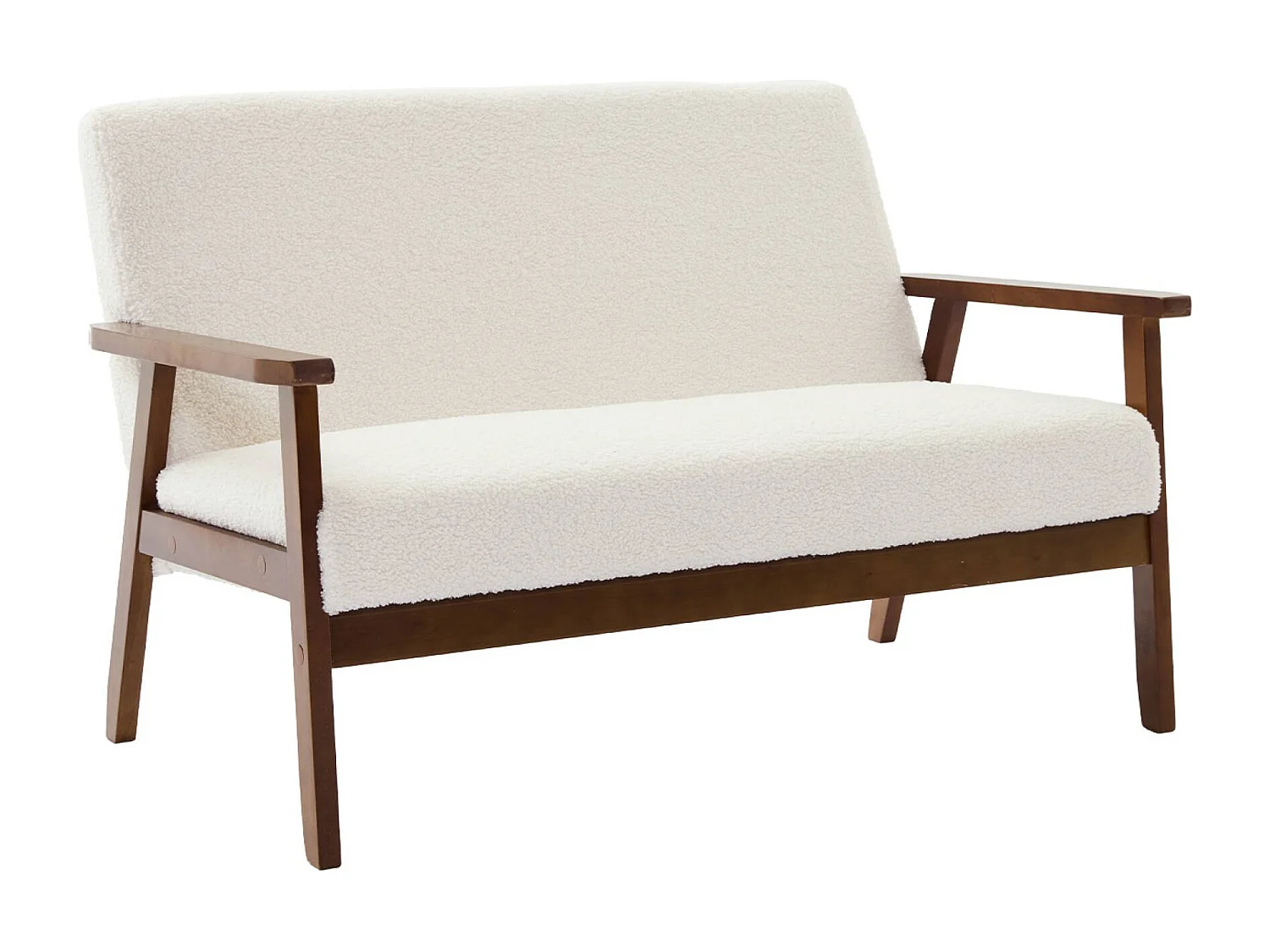 Sofá-banco 2 plazas, tela borreguito, patas teñidas, madera oscura