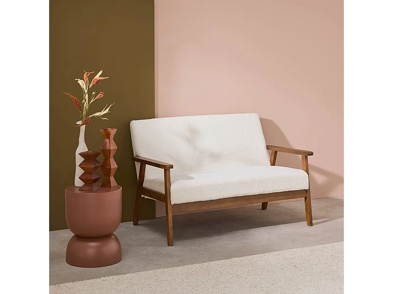 Banquette canapé 2 places en bois teinté noyer clair et tissu bouclette. Isak. L 114 x P 69.5 x H 73cm