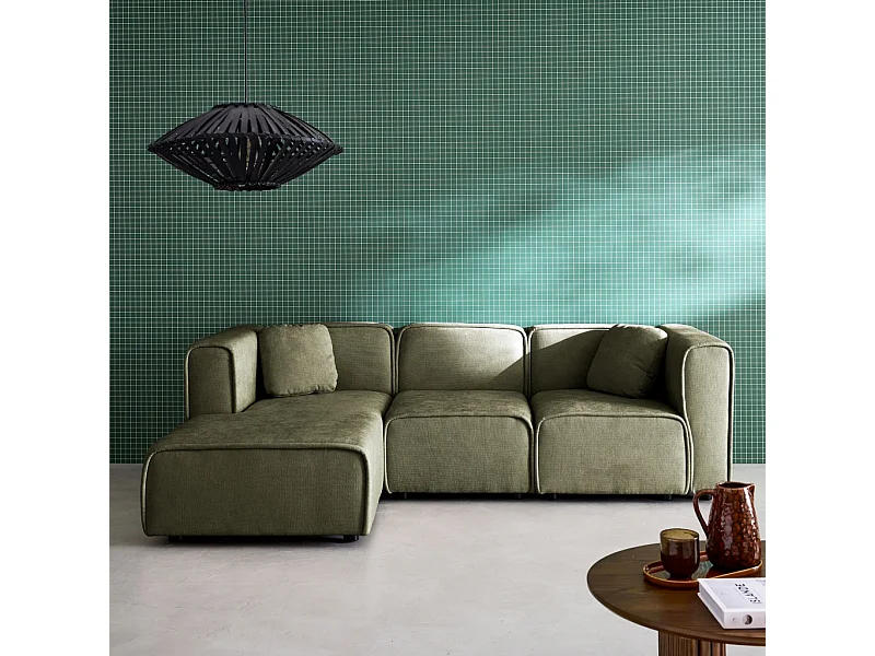 Canapé d'angle gauche 3 places tissu kaki 2 coussins carrés L 230 x P 145 x H 70 cm - Lester
