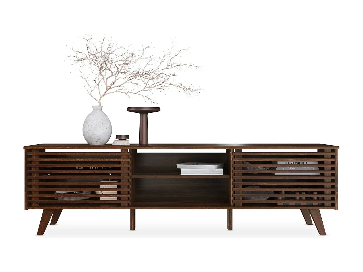 Meuble TV RIAN avec portes coulissantes et étagères ajustables 175 x 50 x 38 cm pin massif coloris noyer, Meuble de salon moderne