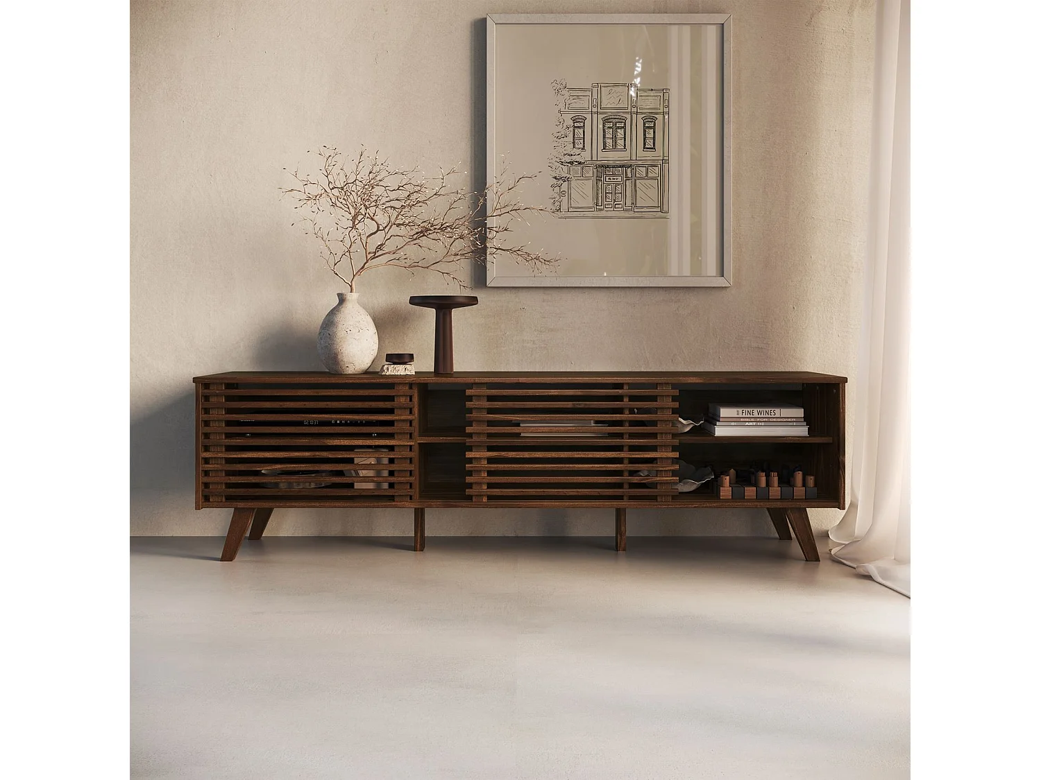 Meuble TV RIAN avec portes coulissantes et étagères ajustables 175 x 50 x 38 cm pin massif coloris noyer, Meuble de salon moderne