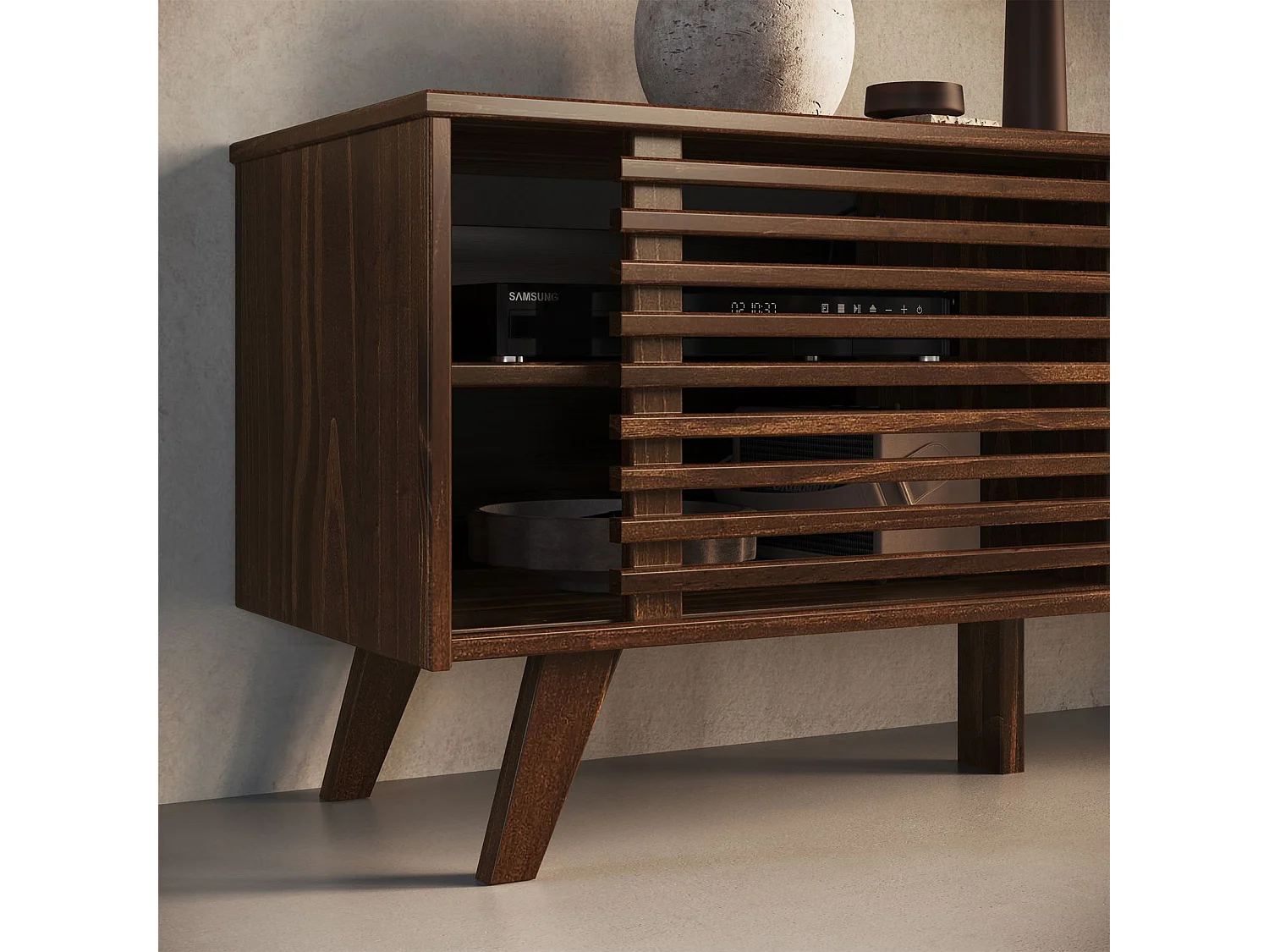 Meuble TV RIAN avec portes coulissantes et étagères ajustables 175 x 50 x 38 cm pin massif coloris noyer, Meuble de salon moderne