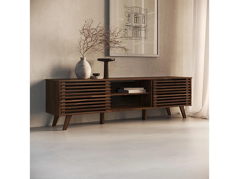 Meuble TV RIAN avec portes coulissantes et étagères ajustables 175 x 50 x 38 cm pin massif coloris noyer, Meuble de salon moderne