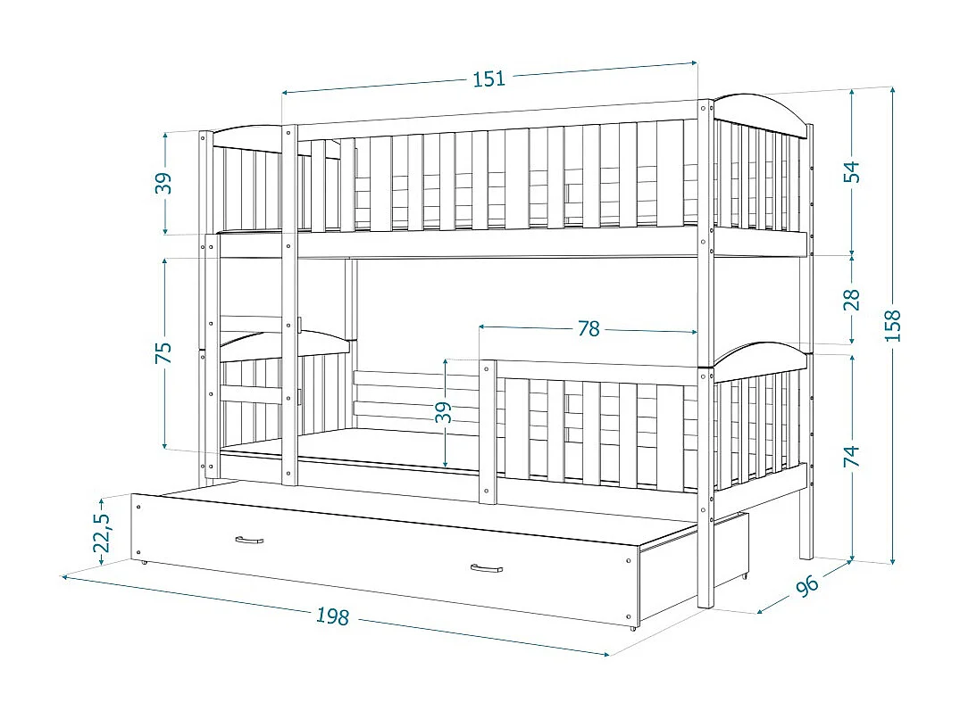 Lit Superposé Cleo 90x190  (Sans Matelas) Blanc - blanc Livré avec le sommiers et tiroir.