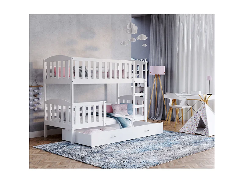 Lit Superposé Cleo 90x190  (Sans Matelas) Blanc - blanc Livré avec le sommiers et tiroir.