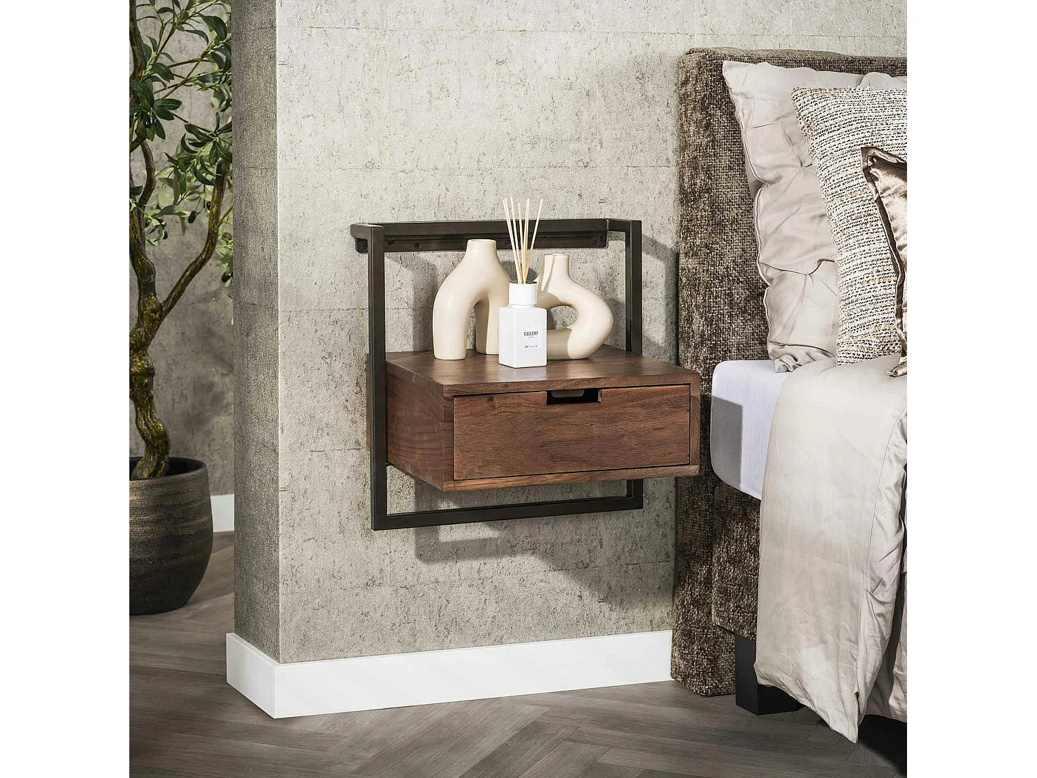 Table de chevet suspendue bois brun 1 tiroir NAKO