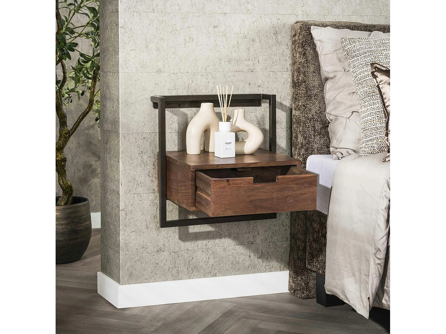 Table de chevet suspendue bois brun 1 tiroir NAKO