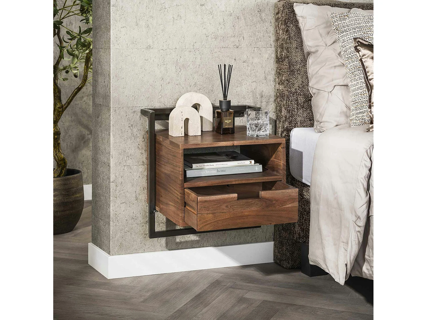 Table de chevet bois brun 1 niche 1 tiroir NAKO