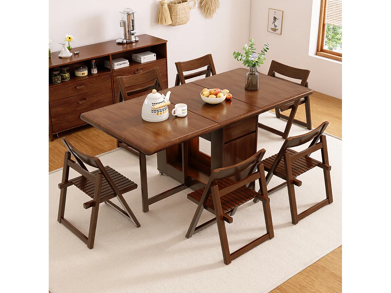 Table à manger extensible et peu encombrante, table de cuisine en bois 130 cm avec rangement et roulettes 360°, pour 2 à 6 personnes, finition noyer