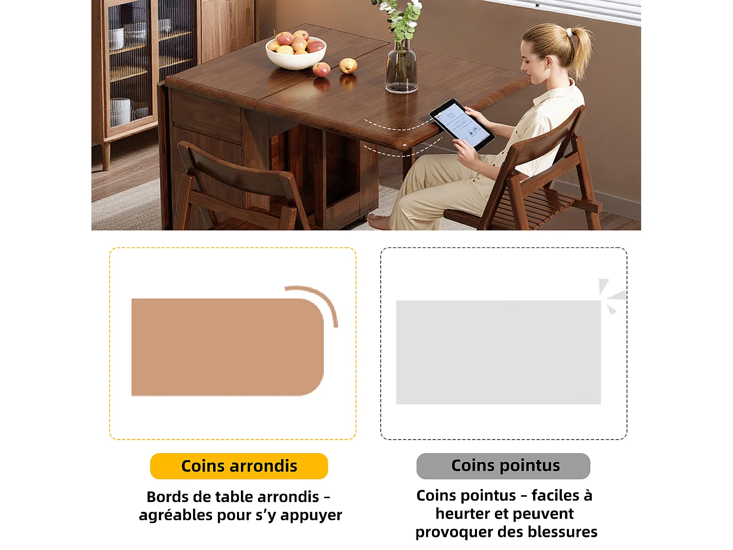 Table à manger extensible et peu encombrante, table de cuisine en bois 130 cm avec rangement et roulettes 360°, pour 2 à 6 personnes, finition noyer