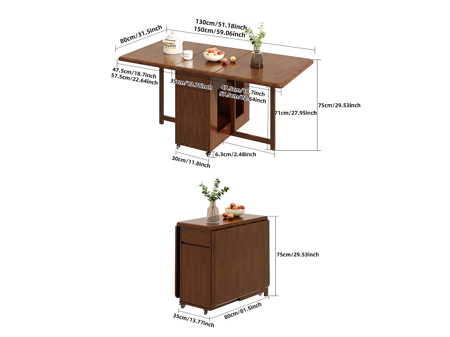 Table à manger extensible et peu encombrante, table de cuisine en bois 130 cm avec rangement et roulettes 360°, pour 2 à 6 personnes, finition noyer