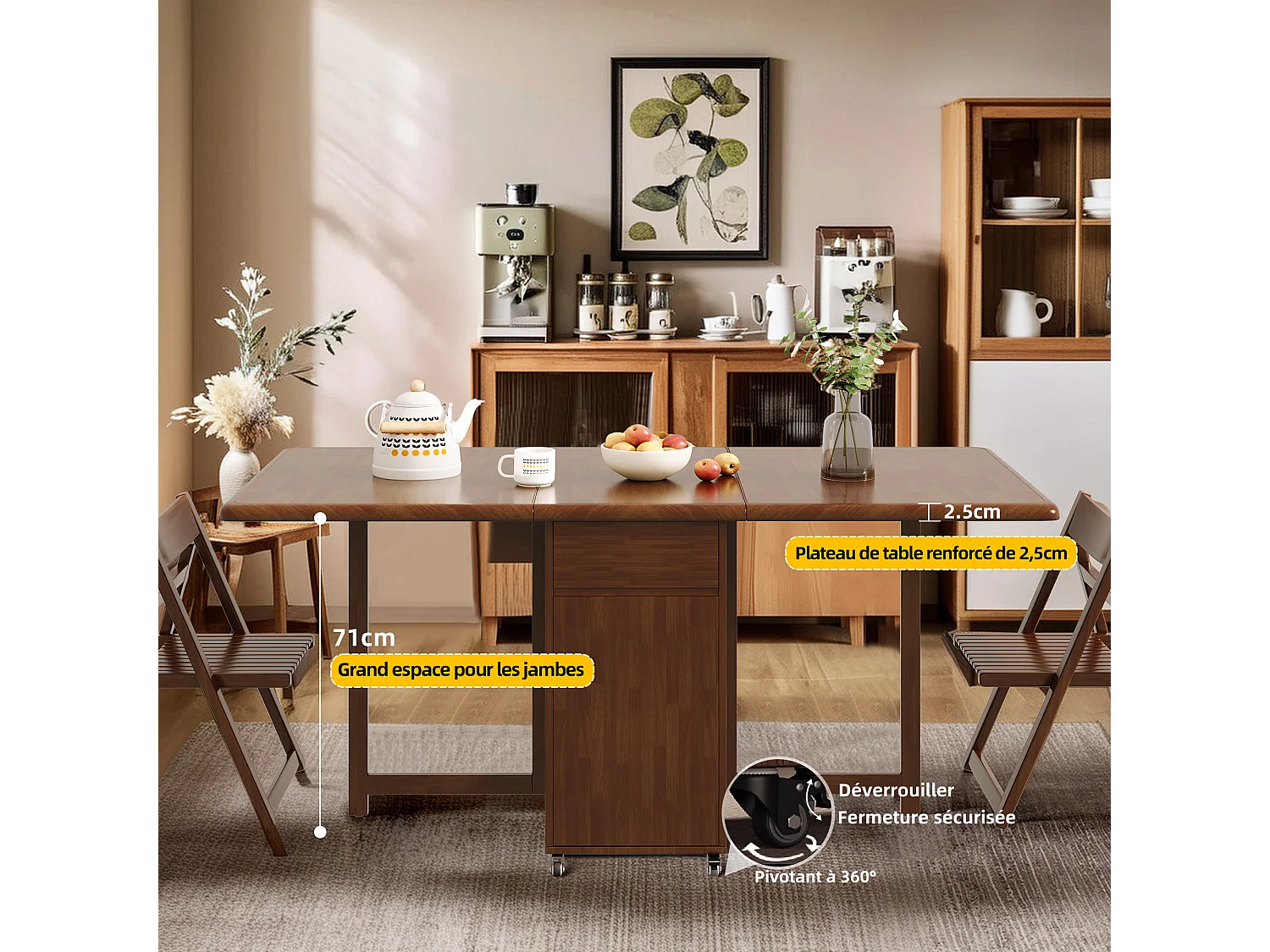 Table à manger extensible et peu encombrante, table de cuisine en bois 130 cm avec rangement et roulettes 360°, pour 2 à 6 personnes, finition noyer