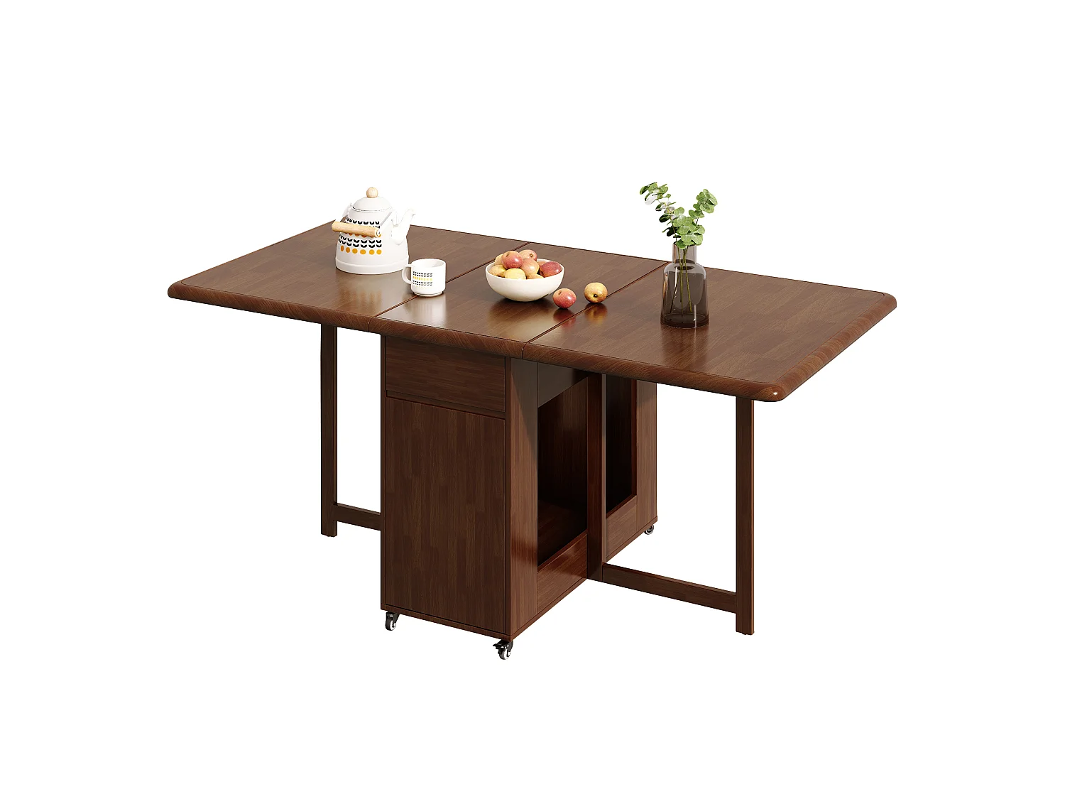 Table à manger extensible et peu encombrante, table de cuisine en bois 130 cm avec rangement et roulettes 360°, pour 2 à 6 personnes, finition noyer