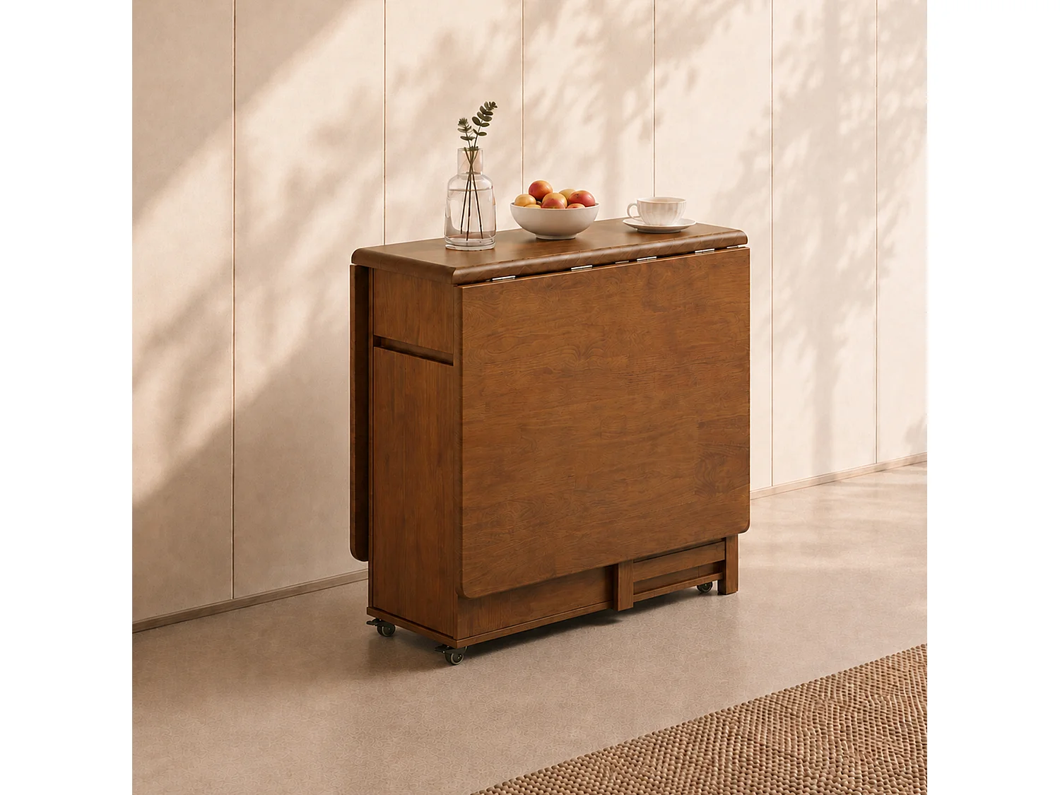 Table à manger en bois extensible et peu encombrante, table de cuisine  130 cm avec rangement et roulettes 360°, pour 2 à 6 personnes, finition noyer