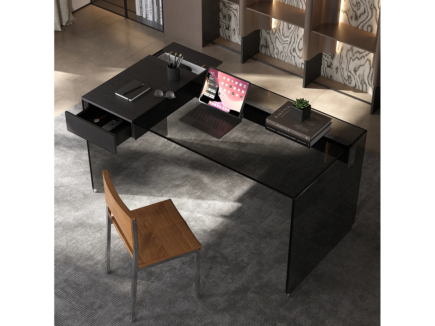 Bureau avec tiroirs en verre de sécurité,  résistant aux chocs et facile d’entretien, pour salon, chambre, bureau et gaming