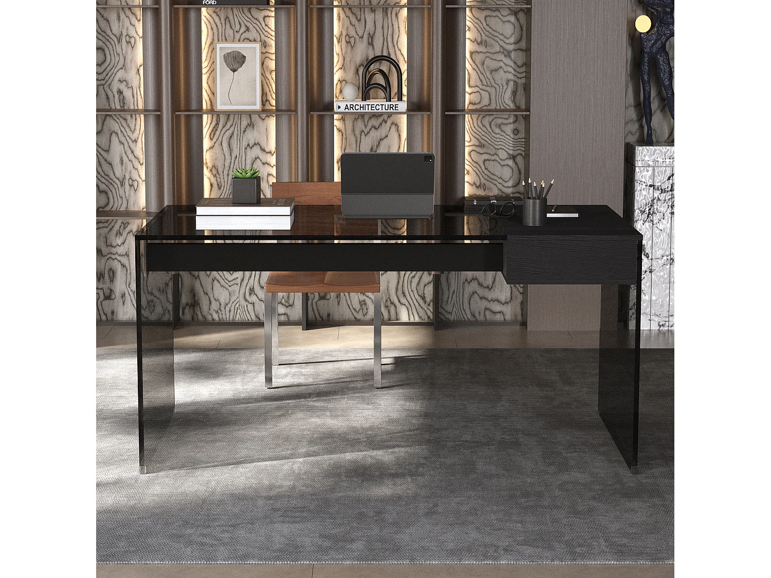 Bureau avec tiroirs en verre de sécurité,  résistant aux chocs et facile d’entretien, pour salon, chambre, bureau et gaming