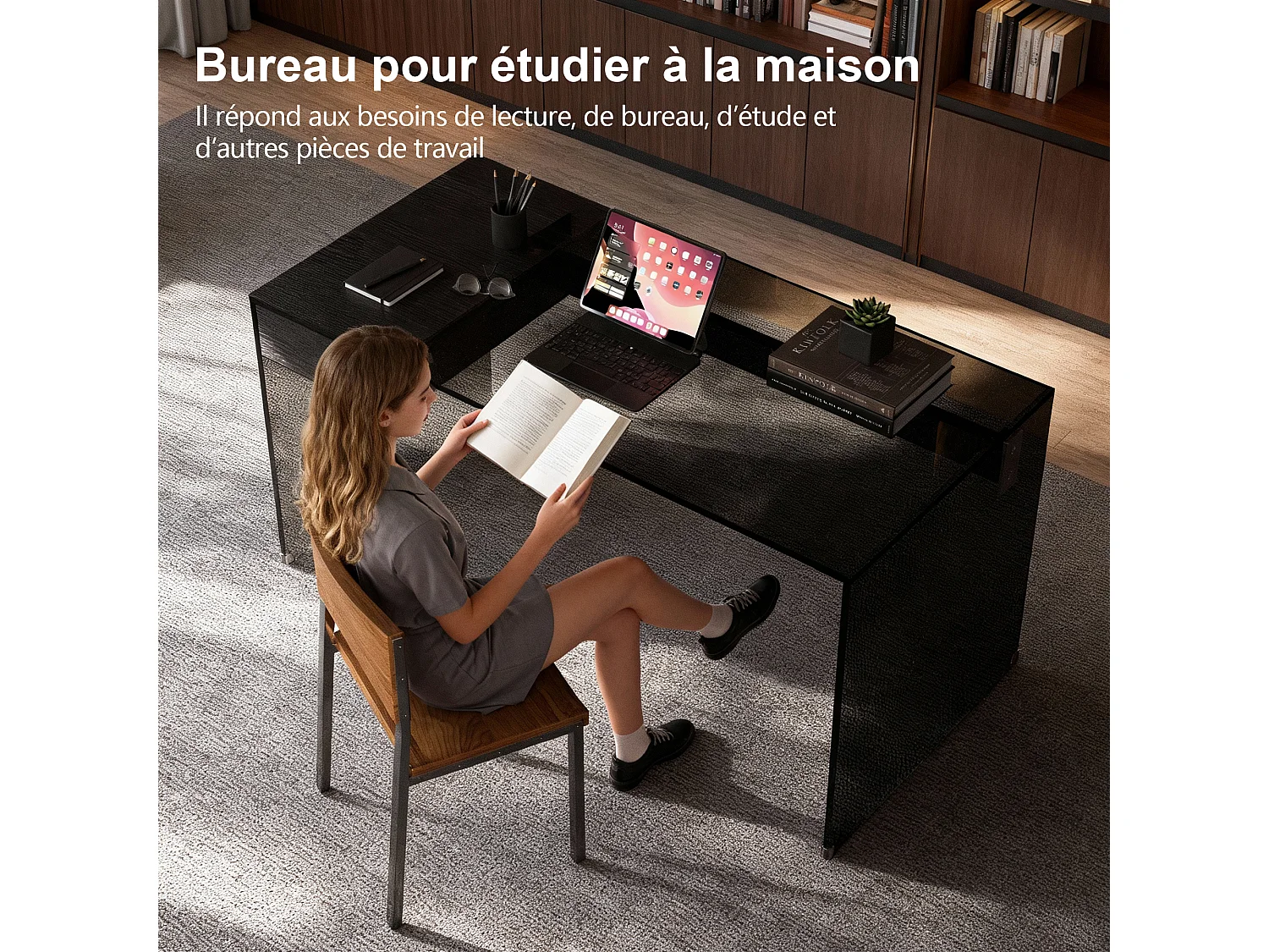 Bureau avec tiroirs en verre de sécurité,  résistant aux chocs et facile d’entretien, pour salon, chambre, bureau et gaming