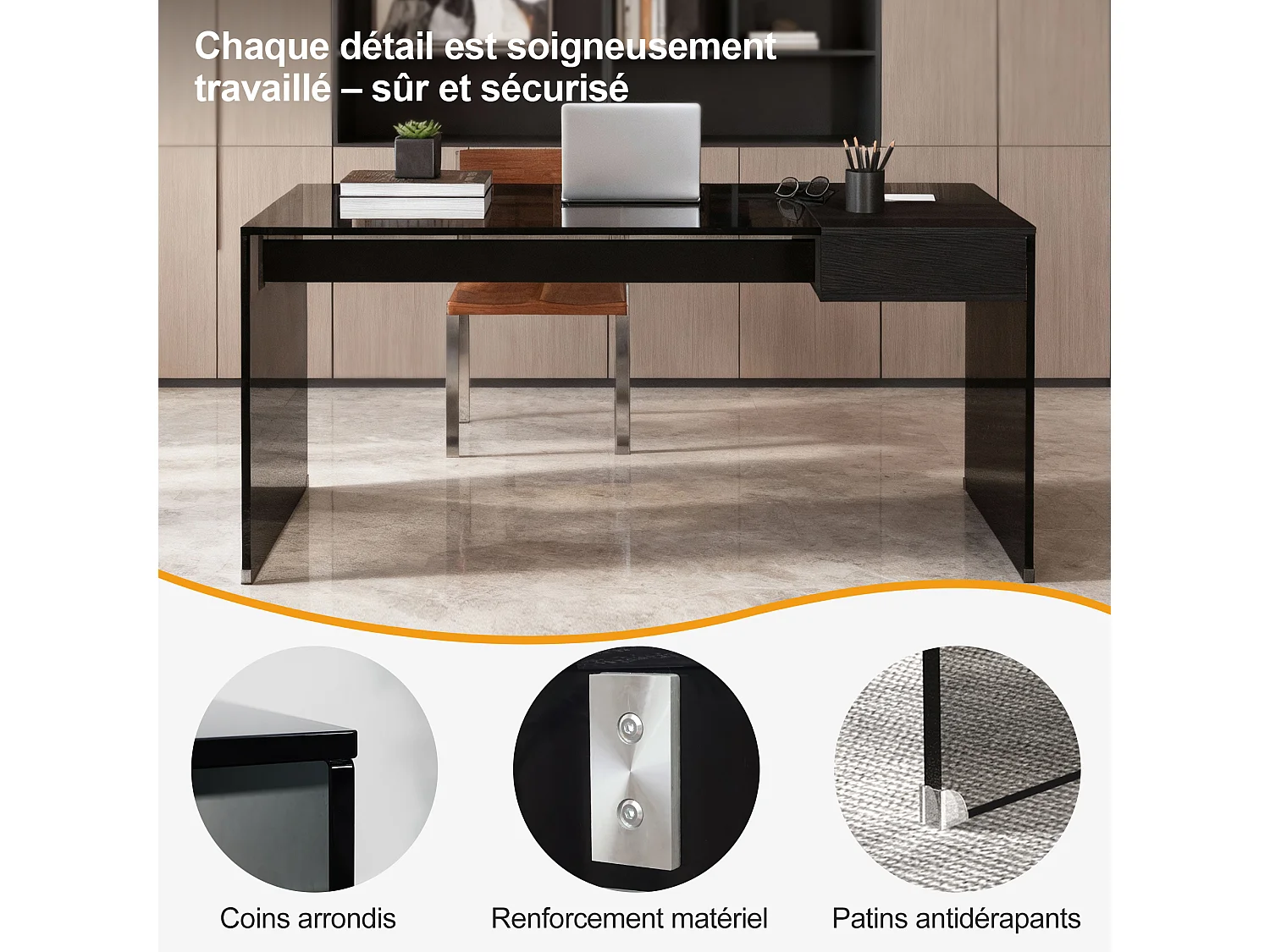 Bureau avec tiroirs en verre de sécurité,  résistant aux chocs et facile d’entretien, pour salon, chambre, bureau et gaming