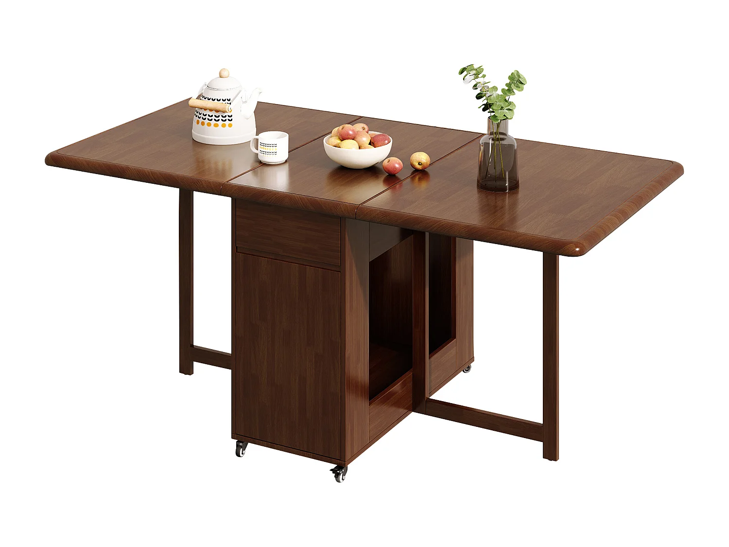 Table à manger extensible et peu encombrante, table de cuisine en bois 150 cm avec rangement et roulettes 360°, pour 2 à 6 personnes, finition noyer