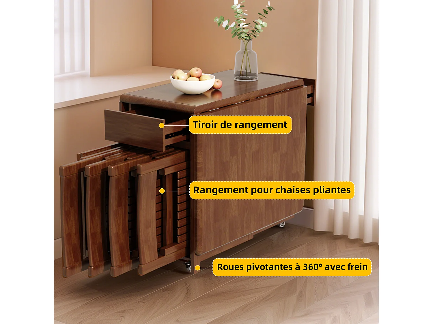 Uitschuifbare en compacte eettafel, houten keukentafel 150 cm met opbergruimte en 360°-wielen, voor 2 tot 6 personen, notenafwerking