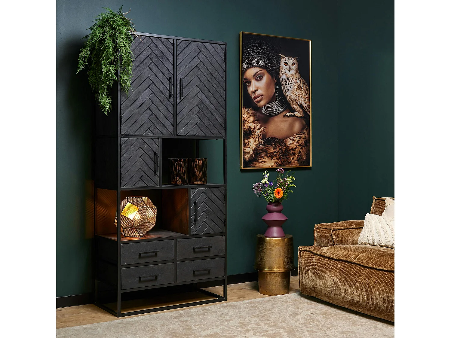 Bibliothèque noire en bois 4 portes motif chevron ALVERA