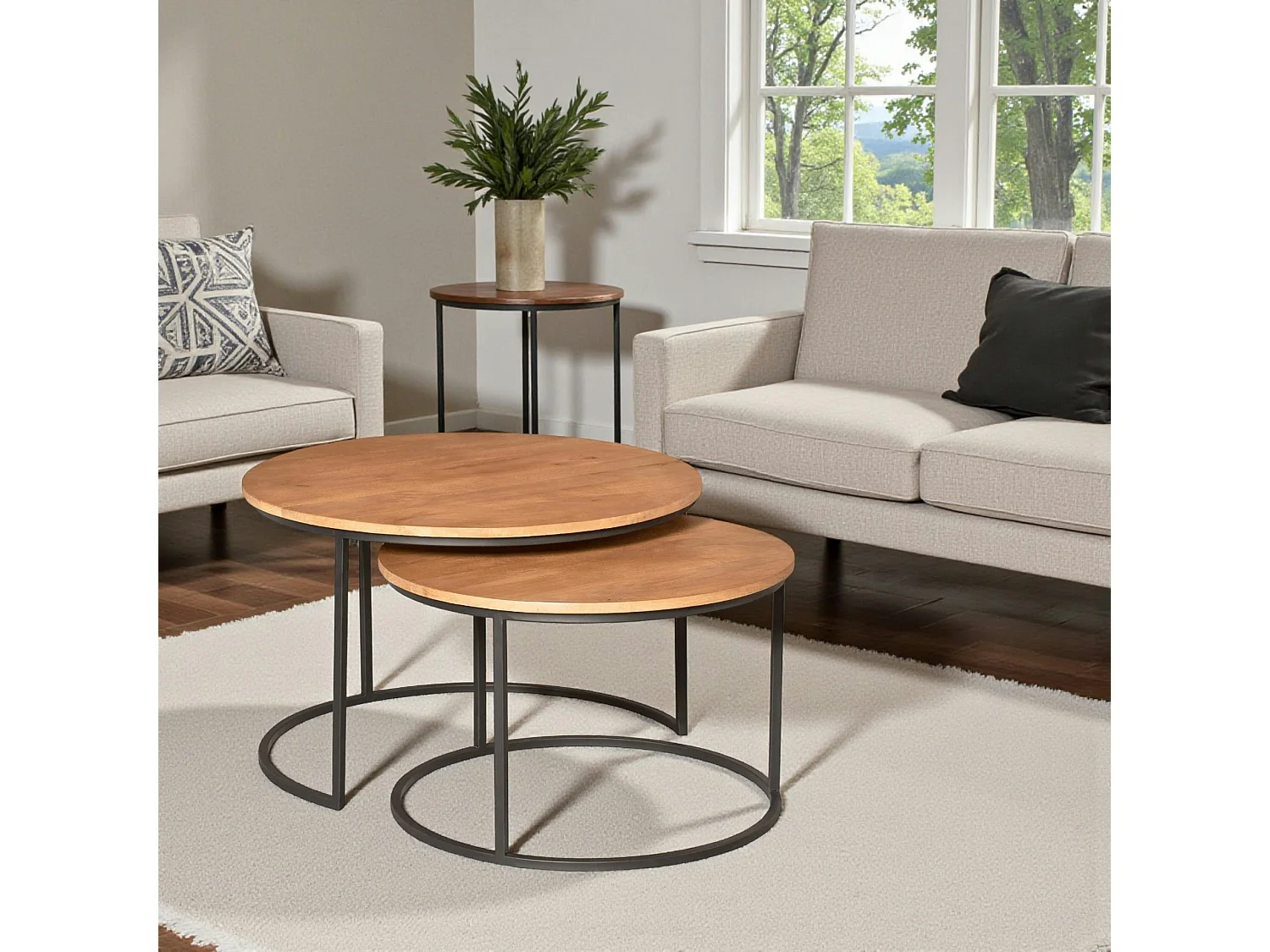 Table gigogne ronde en bois clair et métal noir (lot de 2) RIVANO