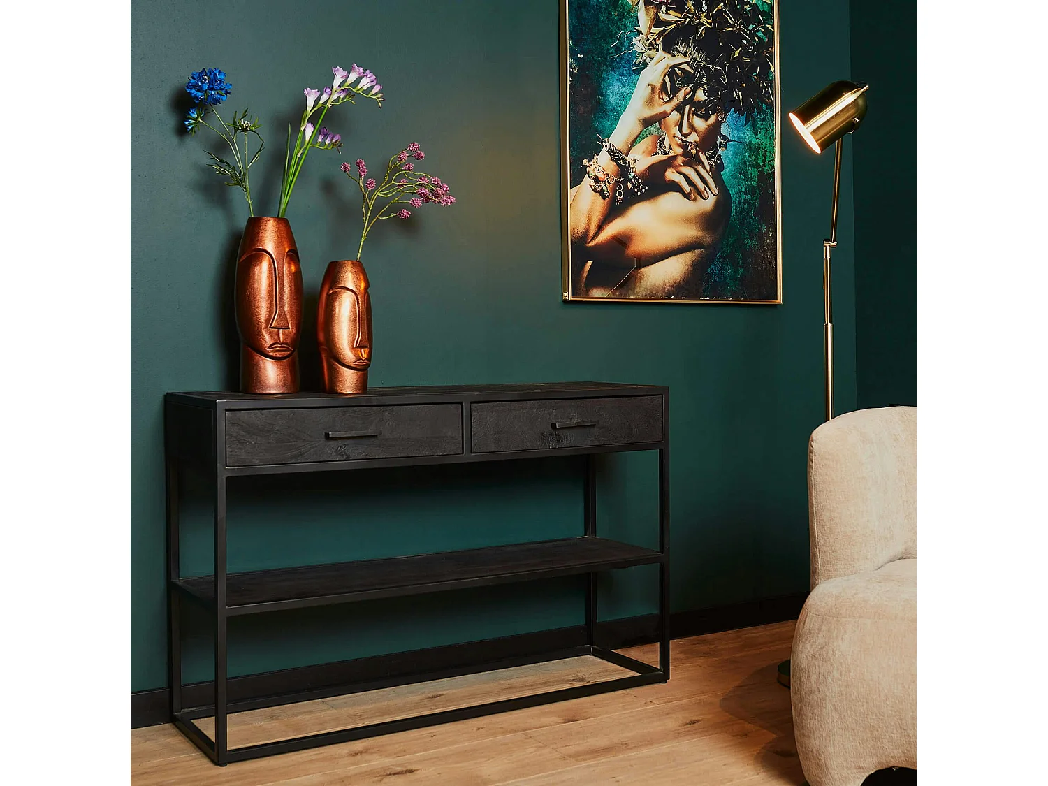 Console d'entrée en bois noir 2 tiroirs motif chevron ALVERA