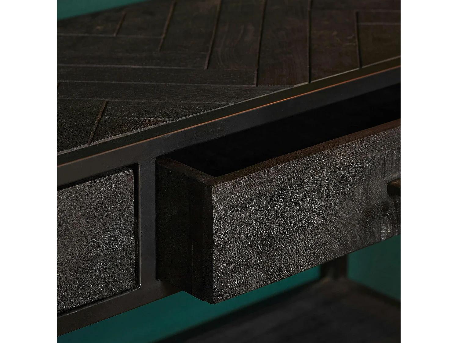 Console d'entrée en bois noir 2 tiroirs motif chevron ALVERA