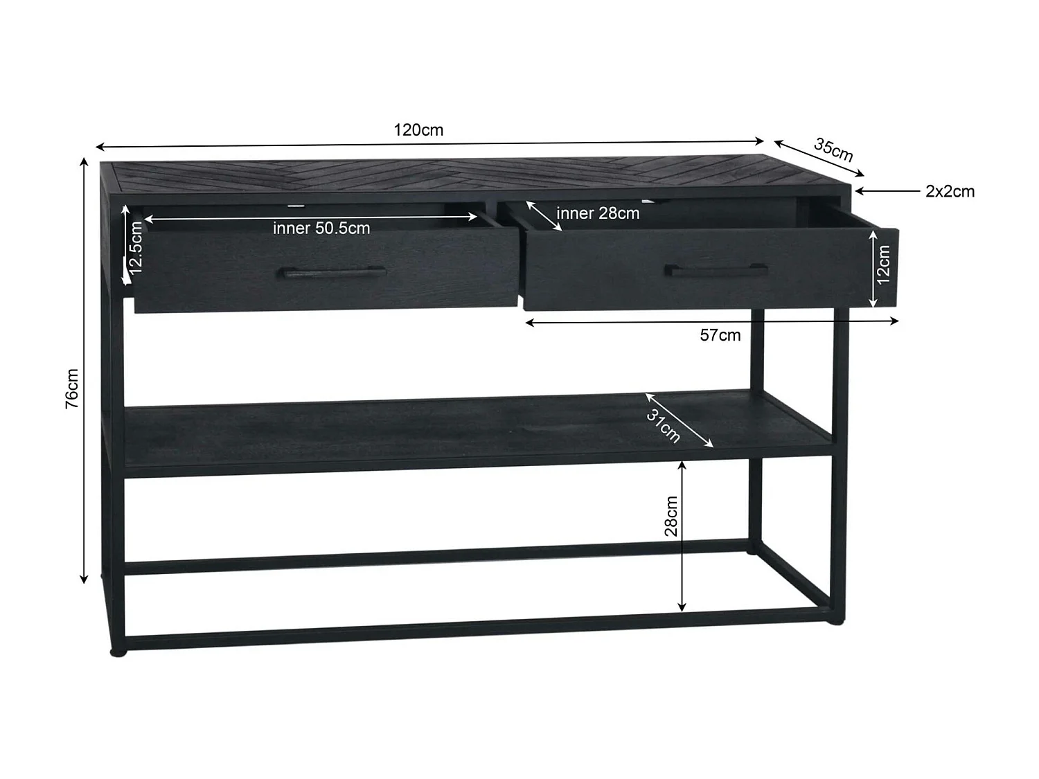 Console d'entrée en bois noir 2 tiroirs motif chevron ALVERA