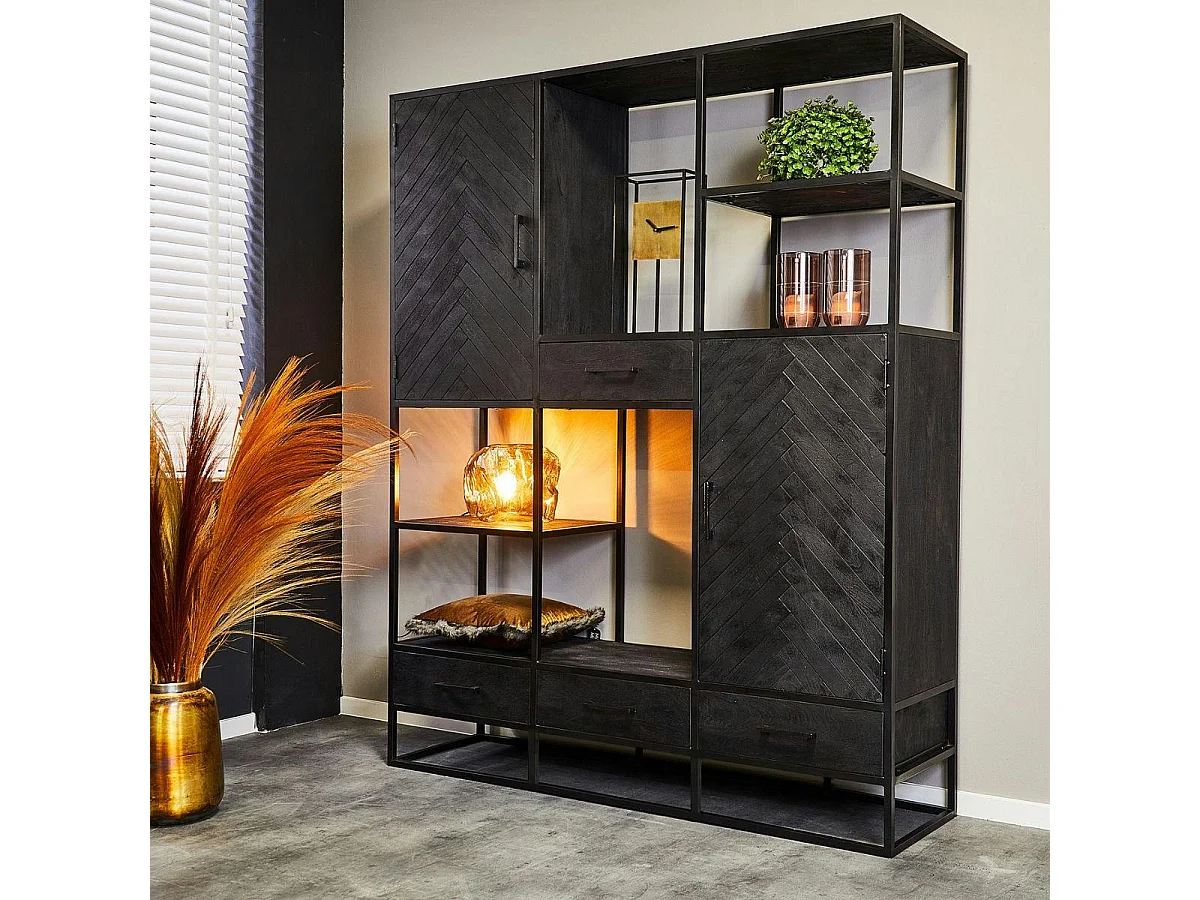 Grande bibliothèque salon noire en bois de manguier ALVERA