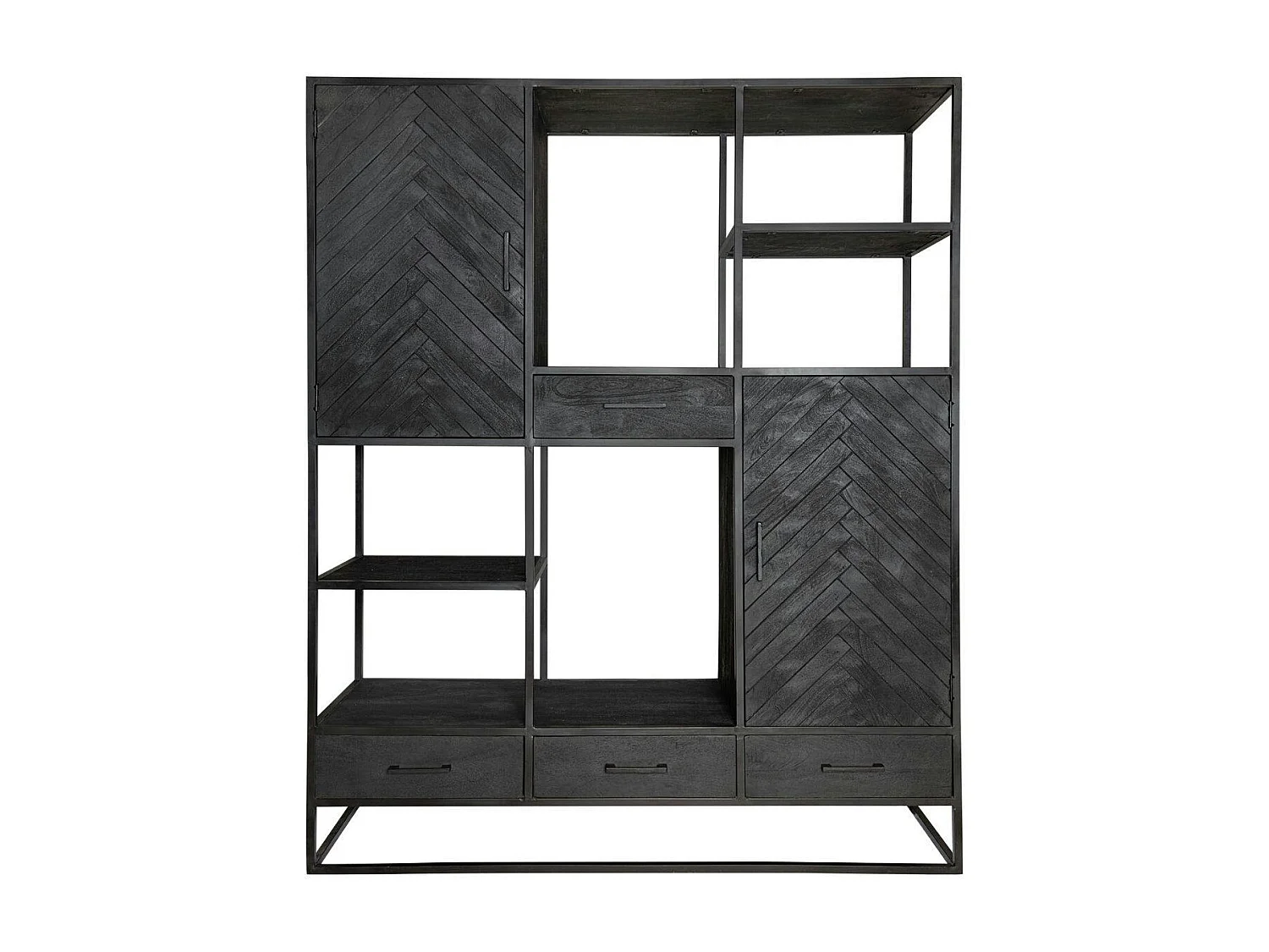 Grande bibliothèque salon noire en bois de manguier ALVERA